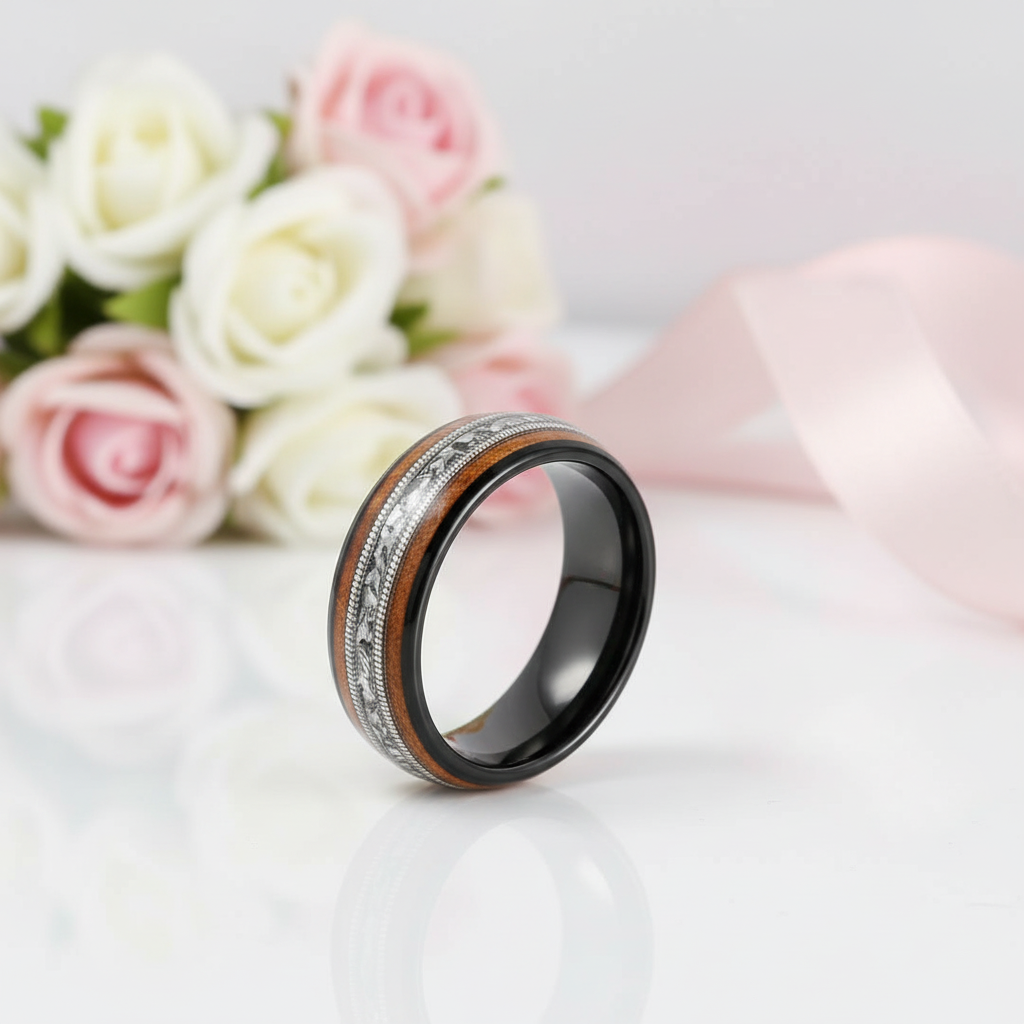 Whiskey Barrel Wood and Guitar Strings Inlay Tungsten Carbide Ring-Black Diamonds New York