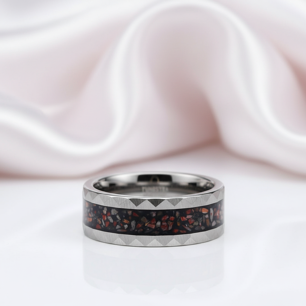 Dinosaur Bone Metal Slag Inlaid Hammered Edge Tungsten Carbide Ring-Black Diamonds New York
