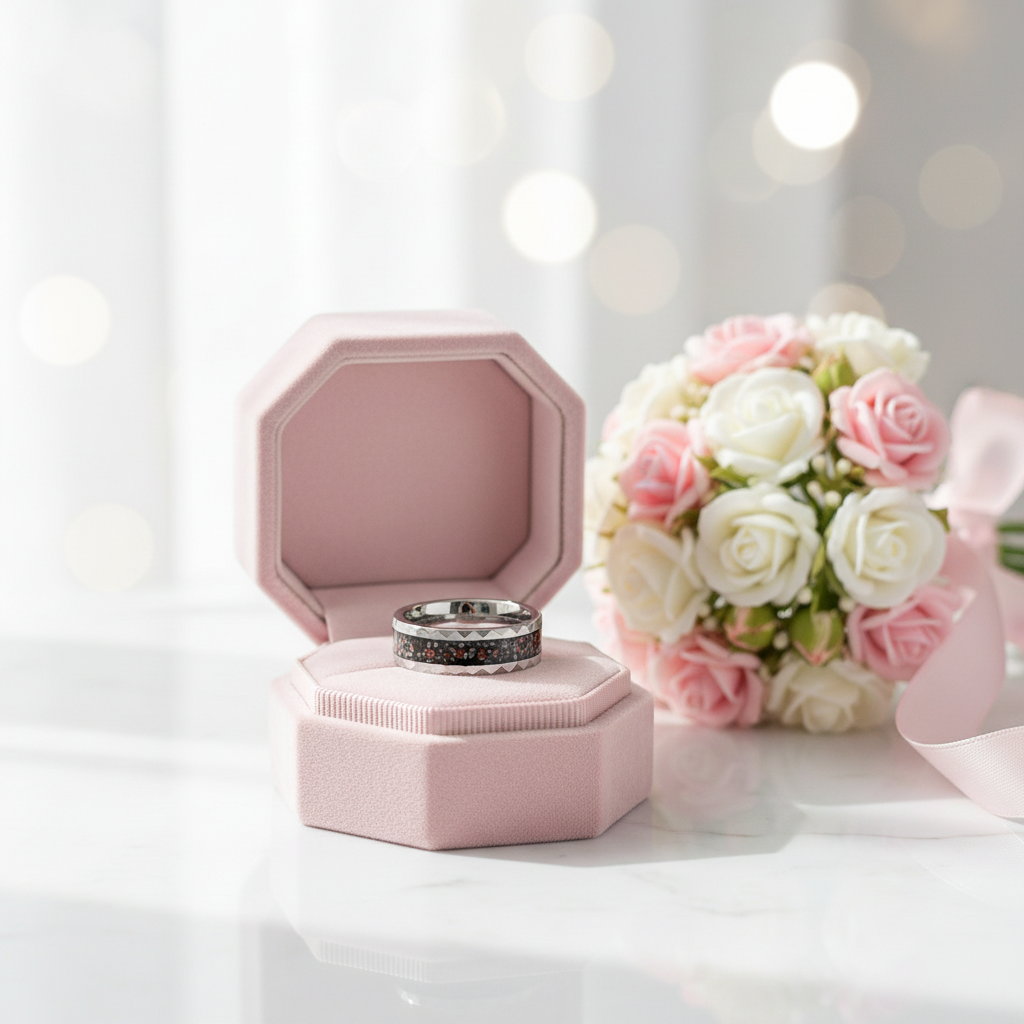 Dinosaur Bone Metal Slag Inlaid Hammered Edge Tungsten Carbide Ring-Black Diamonds New York