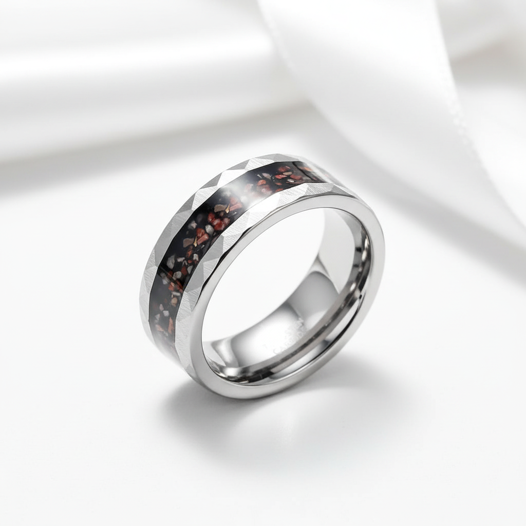 Dinosaur Bone Metal Slag Inlaid Hammered Edge Tungsten Carbide Ring-Black Diamonds New York