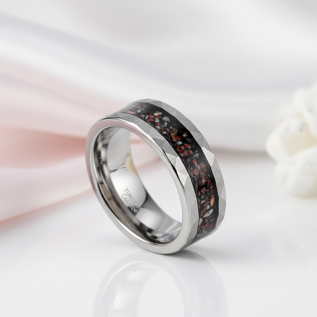 Dinosaur Bone Metal Slag Inlaid Hammered Edge Tungsten Carbide Ring-Black Diamonds New York