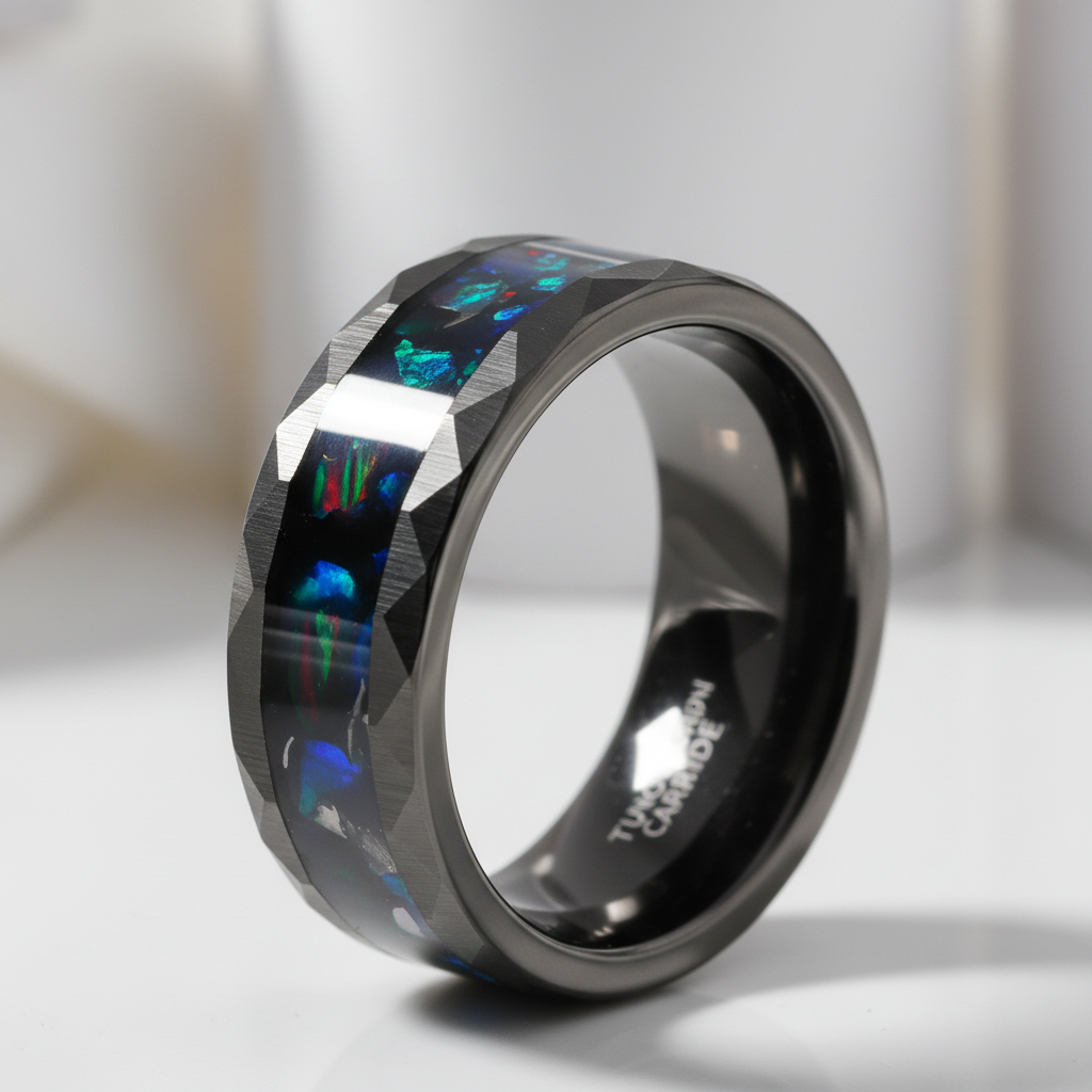 Opal and Metal Slag Inlay Hammered Black Tungsten Carbide Ring-Black Diamonds New York