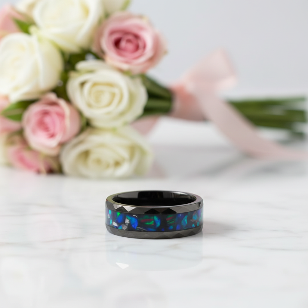 Opal and Metal Slag Inlay Hammered Black Tungsten Carbide Ring-Black Diamonds New York
