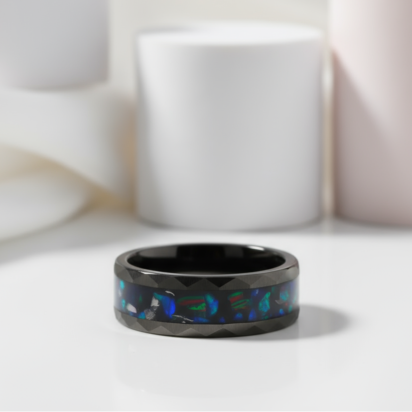 Opal and Metal Slag Inlay Hammered Black Tungsten Carbide Ring-Black Diamonds New York