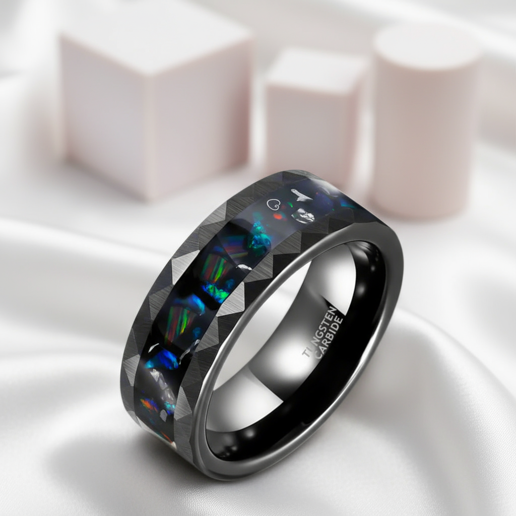 Opal and Metal Slag Inlay Hammered Black Tungsten Carbide Ring-Black Diamonds New York