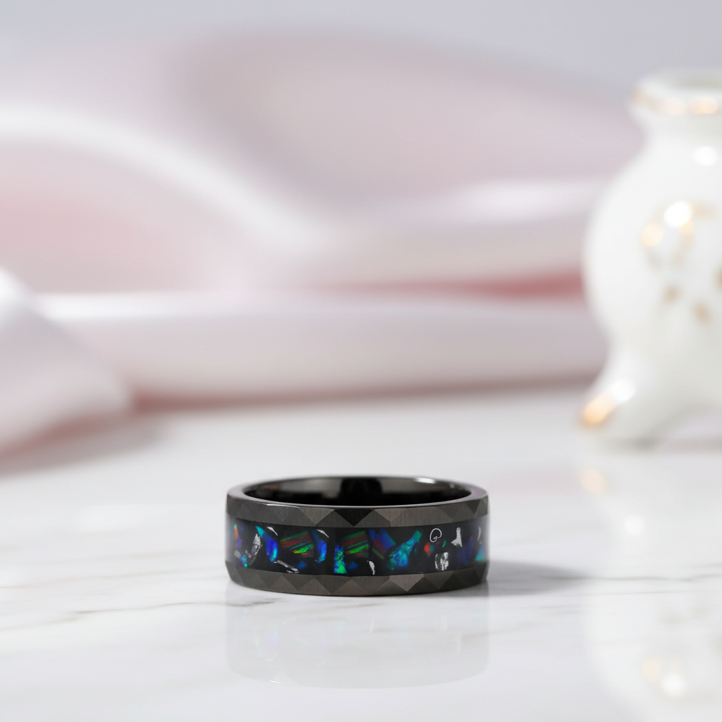 Opal and Metal Slag Inlay Hammered Black Tungsten Carbide Ring-Black Diamonds New York