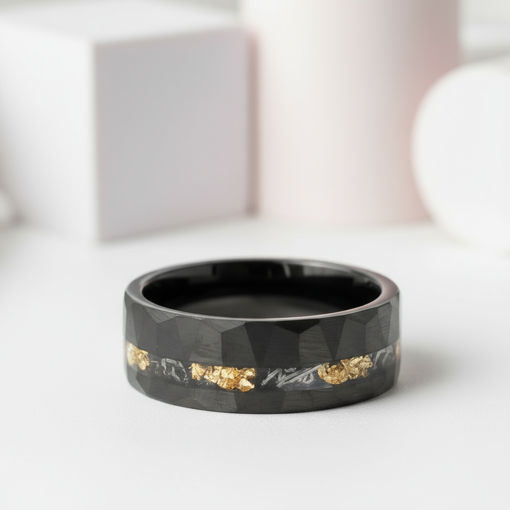 Meteorite Chip Gold Foil Inlay Hammer Tungsten Carbide Men's Ring-Black Diamonds New York