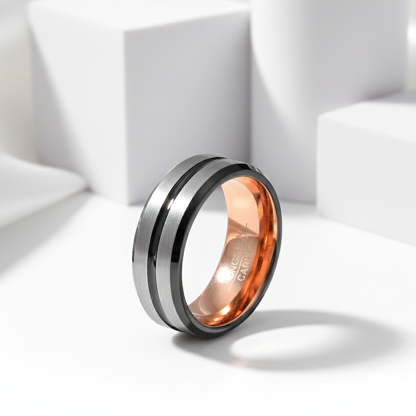 Rose Gold Inner Ring & Black Bevel Groove Tungsten Carbide Men's Ring-Black Diamonds New York