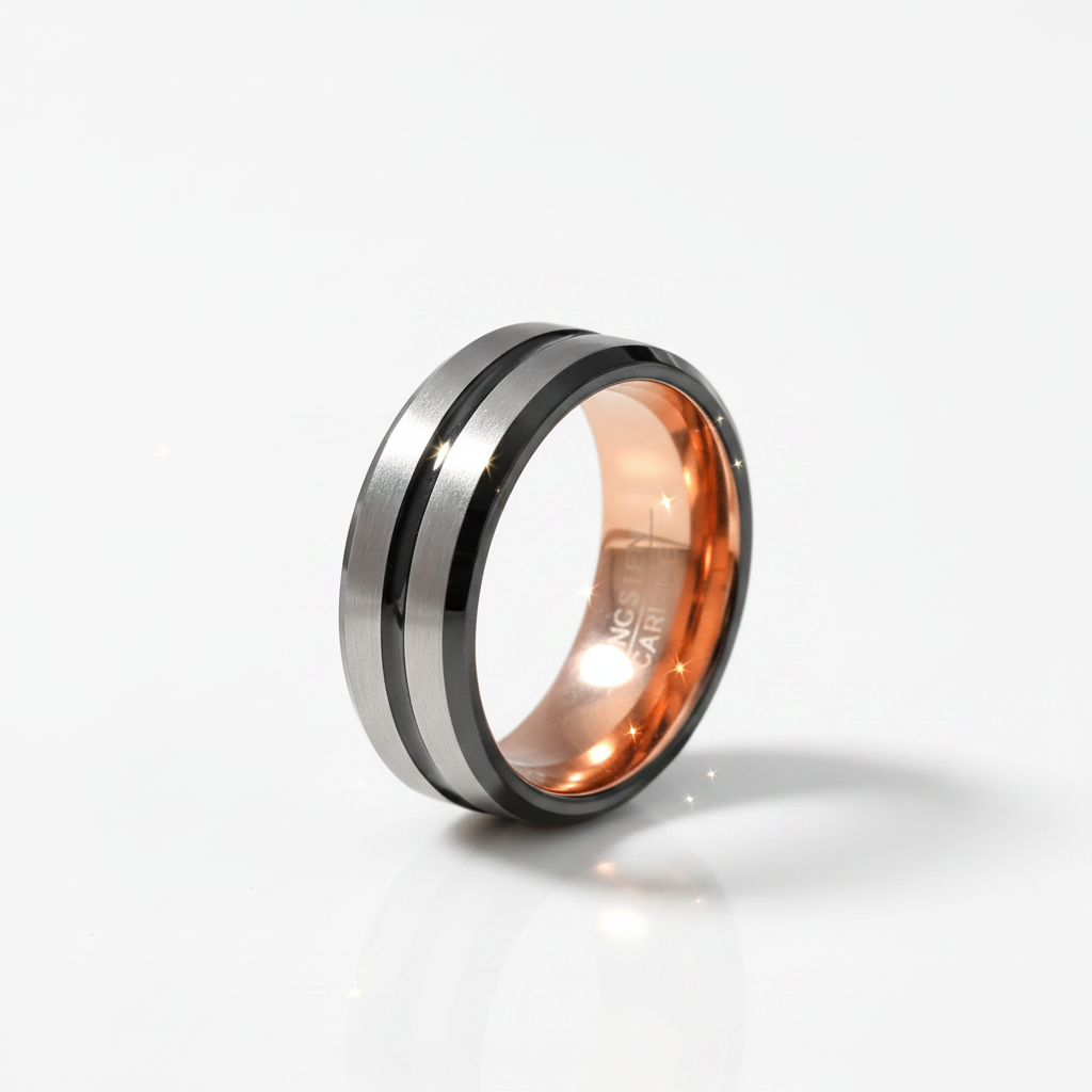 A polished metal ring with a silver outer band, two dark inlay stripes, and a warm rose-gold inner band, shown on a clean white background.