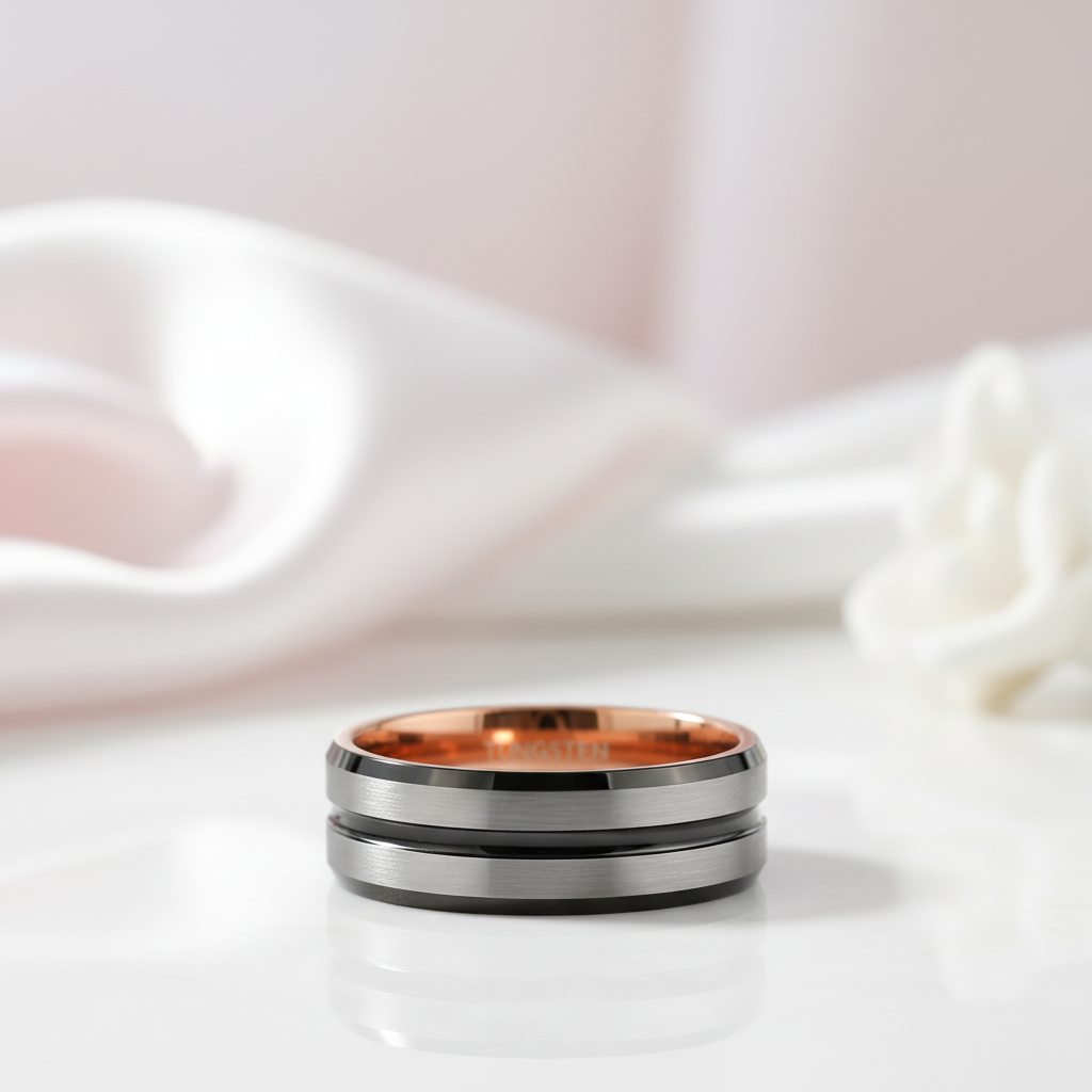 Rose Gold Inner Ring & Black Bevel Groove Tungsten Carbide Men's Ring-Black Diamonds New York