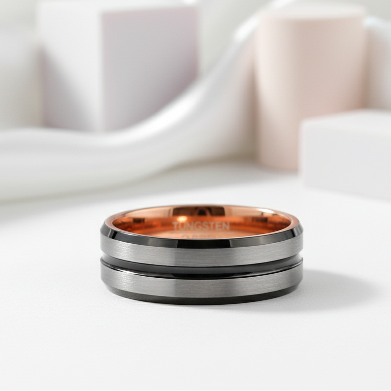 Rose Gold Inner Ring & Black Bevel Groove Tungsten Carbide Men's Ring-Black Diamonds New York