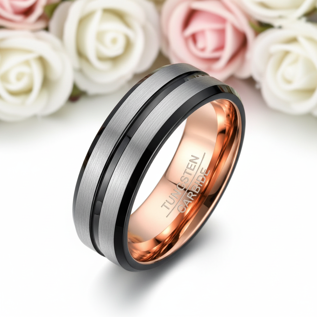 Rose Gold Inner Ring & Black Bevel Groove Tungsten Carbide Men's Ring-Black Diamonds New York