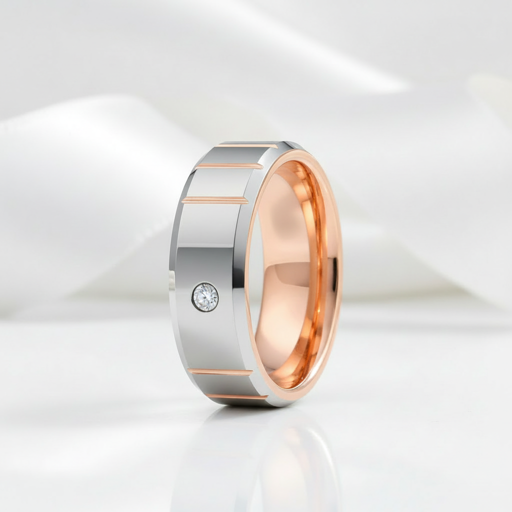 Beveled Edge Dome Polished Tungsten Men's Ring with Diamond-Black Diamonds New York