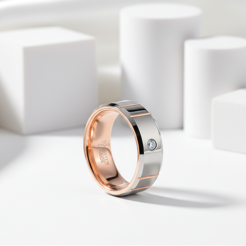 Beveled Edge Dome Polished Tungsten Men's Ring with Diamond-Black Diamonds New York