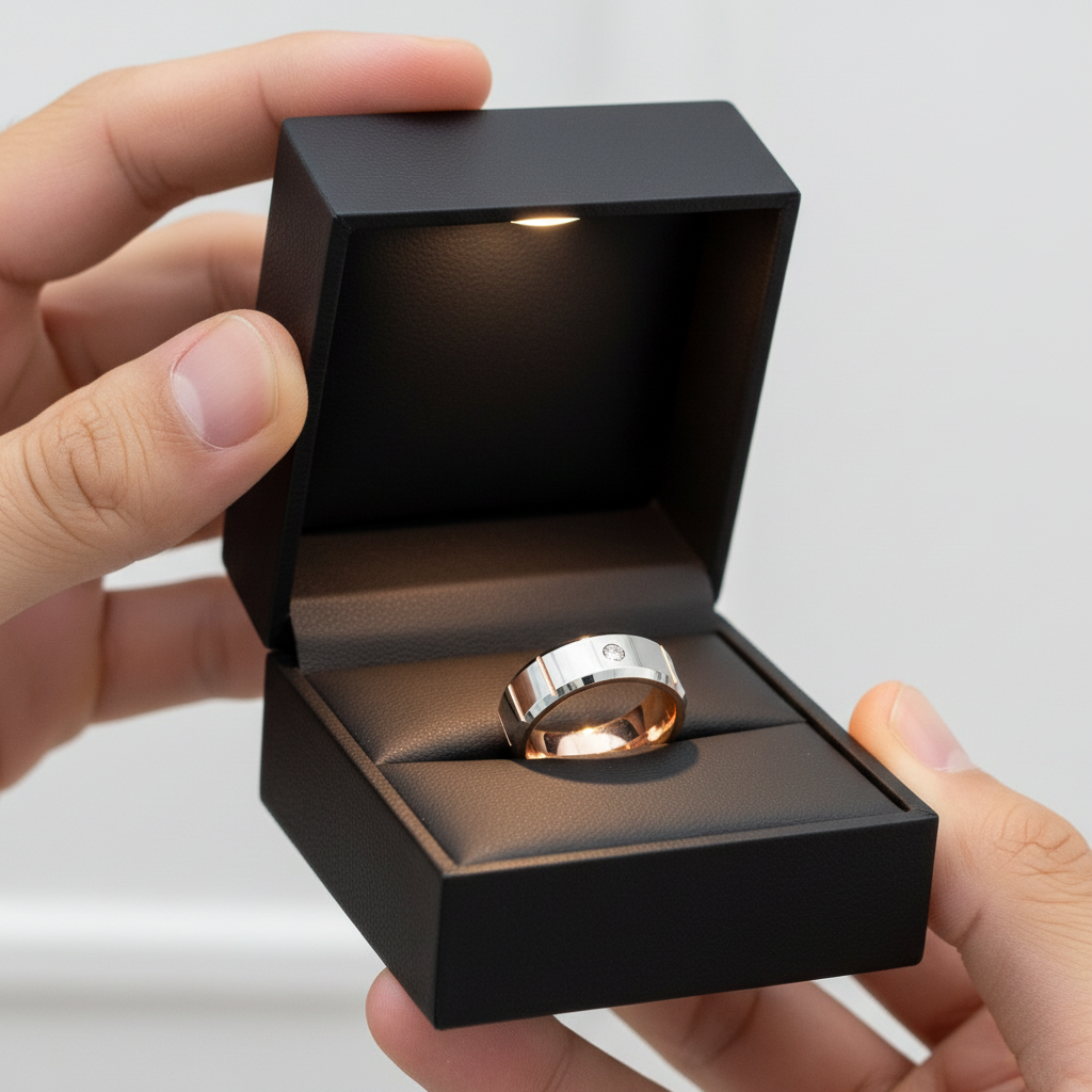Rose gold ring in a black box held by a hand against a light gray background