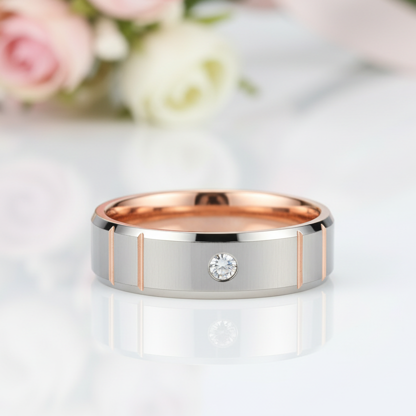 Beveled Edge Dome Polished Tungsten Men's Ring with Diamond-Black Diamonds New York