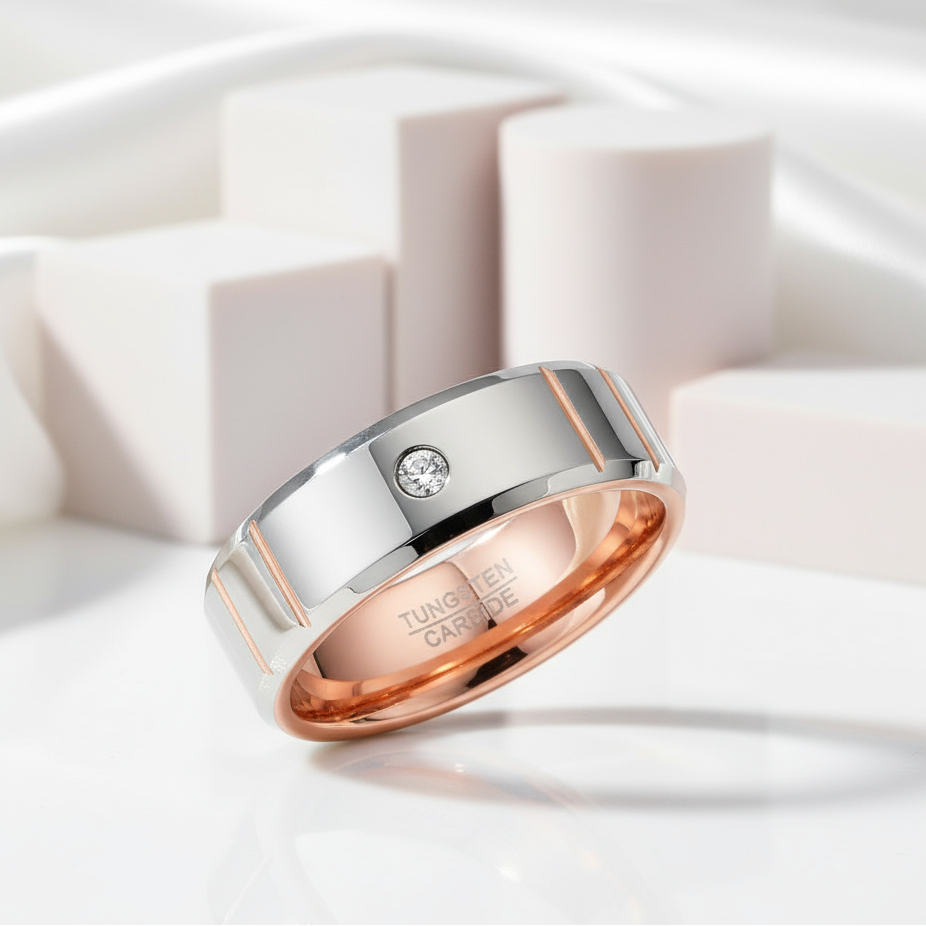 Beveled Edge Dome Polished Tungsten Men's Ring with Diamond-Black Diamonds New York