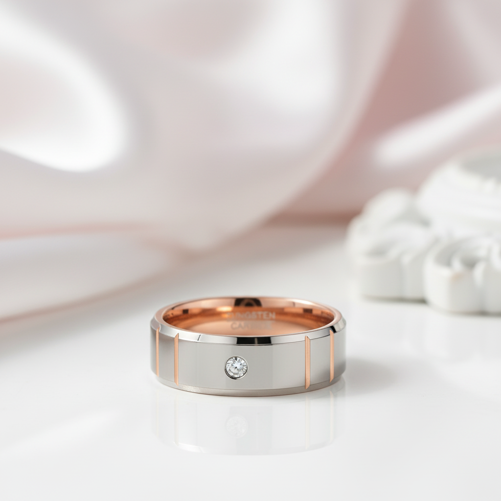 Beveled Edge Dome Polished Tungsten Men's Ring with Diamond-Black Diamonds New York