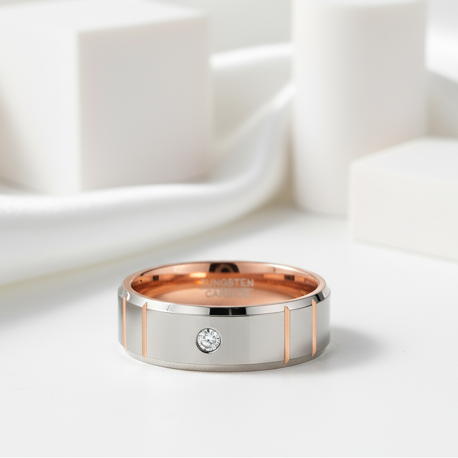 Beveled Edge Dome Polished Tungsten Men's Ring with Diamond-Black Diamonds New York