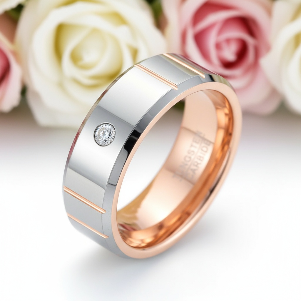 Beveled Edge Dome Polished Tungsten Men's Ring with Diamond-Black Diamonds New York