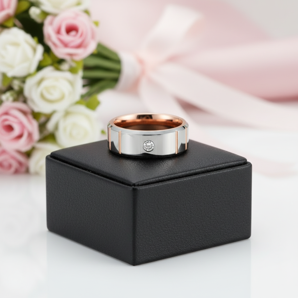 Beveled Edge Dome Polished Tungsten Men's Ring with Diamond Option-Black Diamonds New York