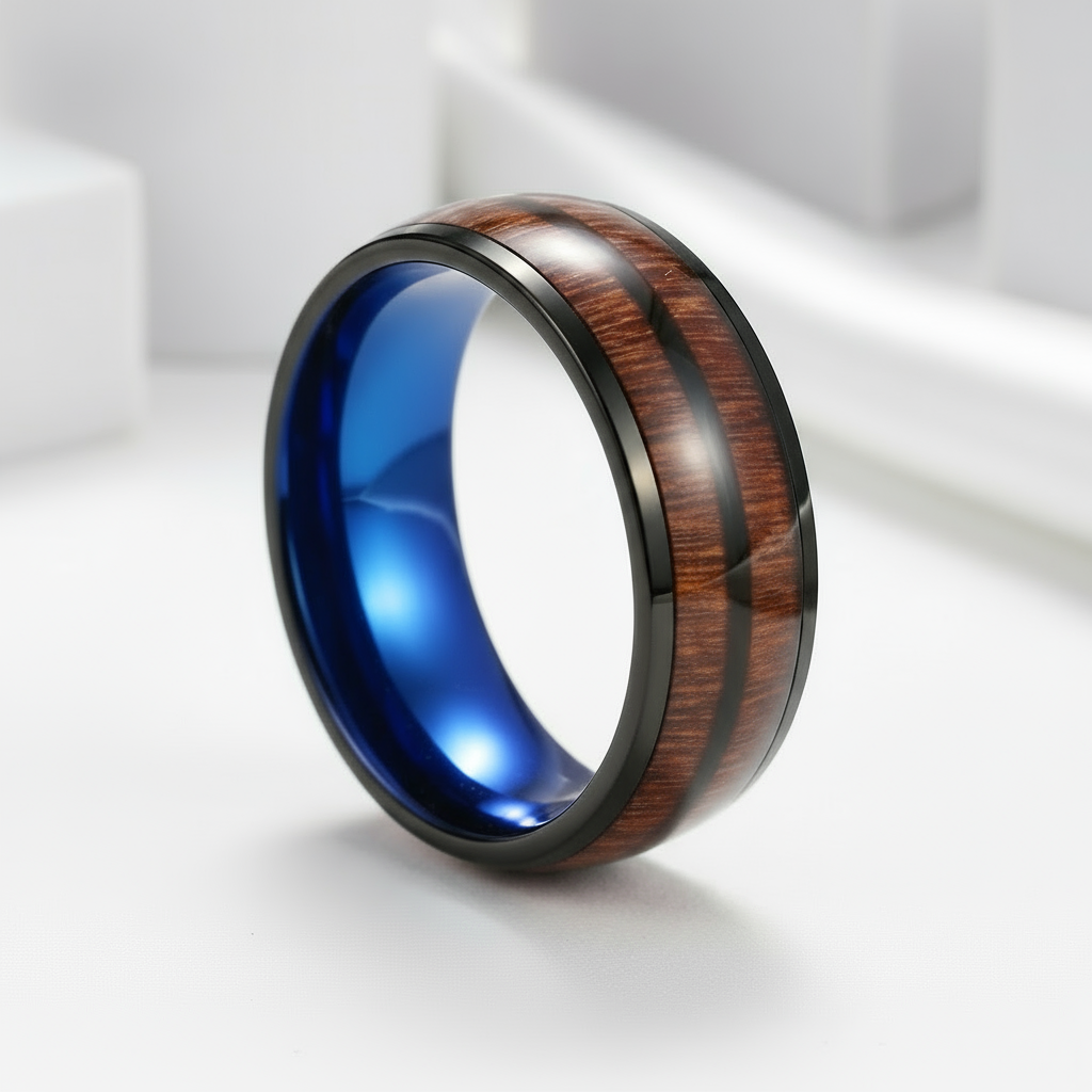 Black and Blue Dome Double Groove Acacia Wood Inlaid Tungsten Men's Ring-Black Diamonds New York