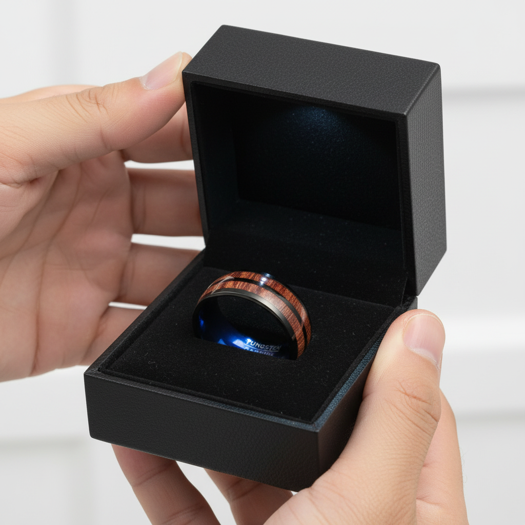Hand holding a black jewelry box with a wooden ring inside on a white background
