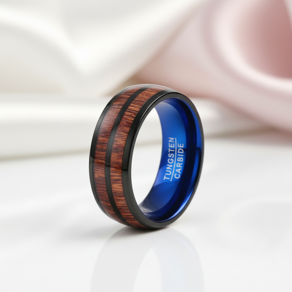 Black and Blue Dome Double Groove Acacia Wood Inlaid Tungsten Men's Ring-Black Diamonds New York