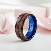 Black and Blue Dome Double Groove Acacia Wood Inlaid Tungsten Men's Ring-Black Diamonds New York