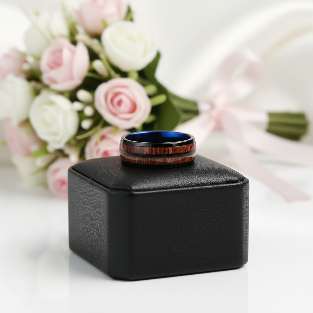 Black and Blue Dome Double Groove Acacia Wood Inlaid Tungsten Men's Ring-Black Diamonds New York