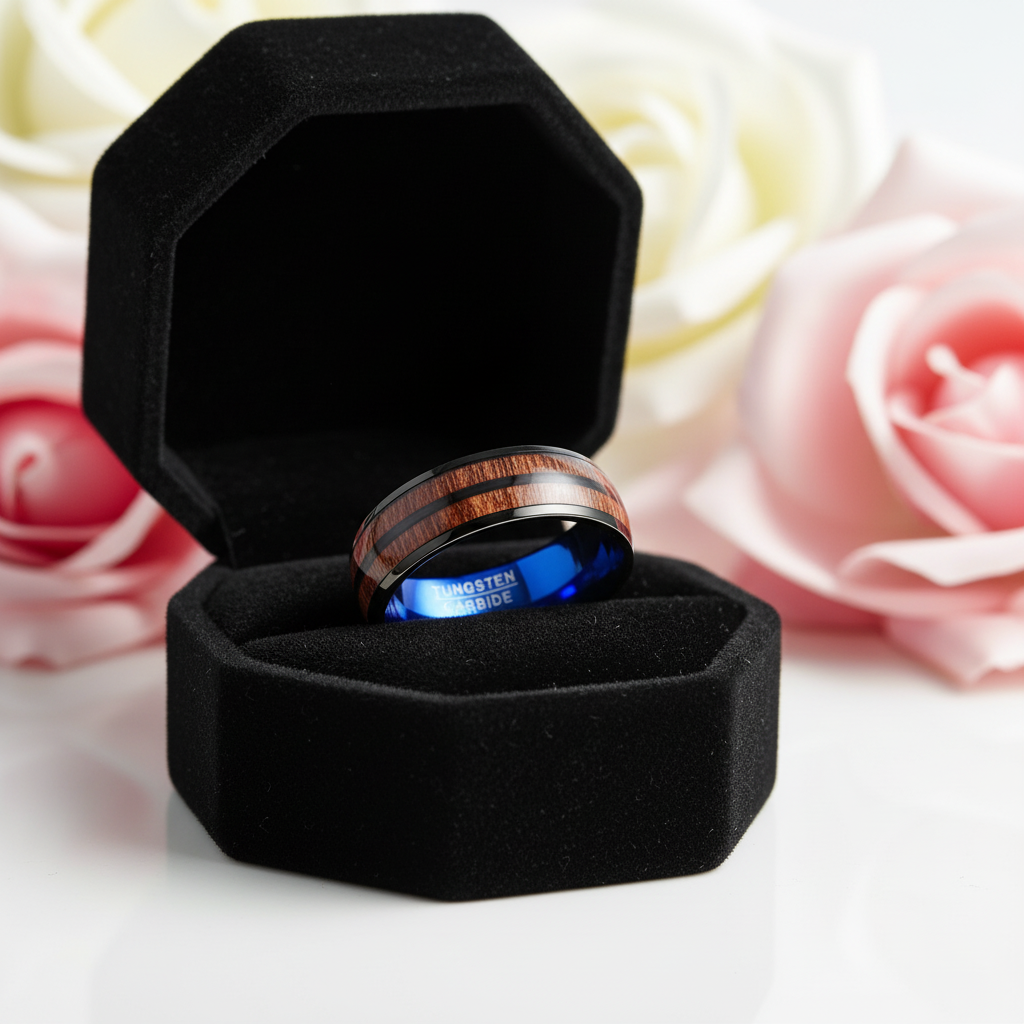 Black and Blue Dome Double Groove Acacia Wood Inlaid Tungsten Men's Ring-Black Diamonds New York