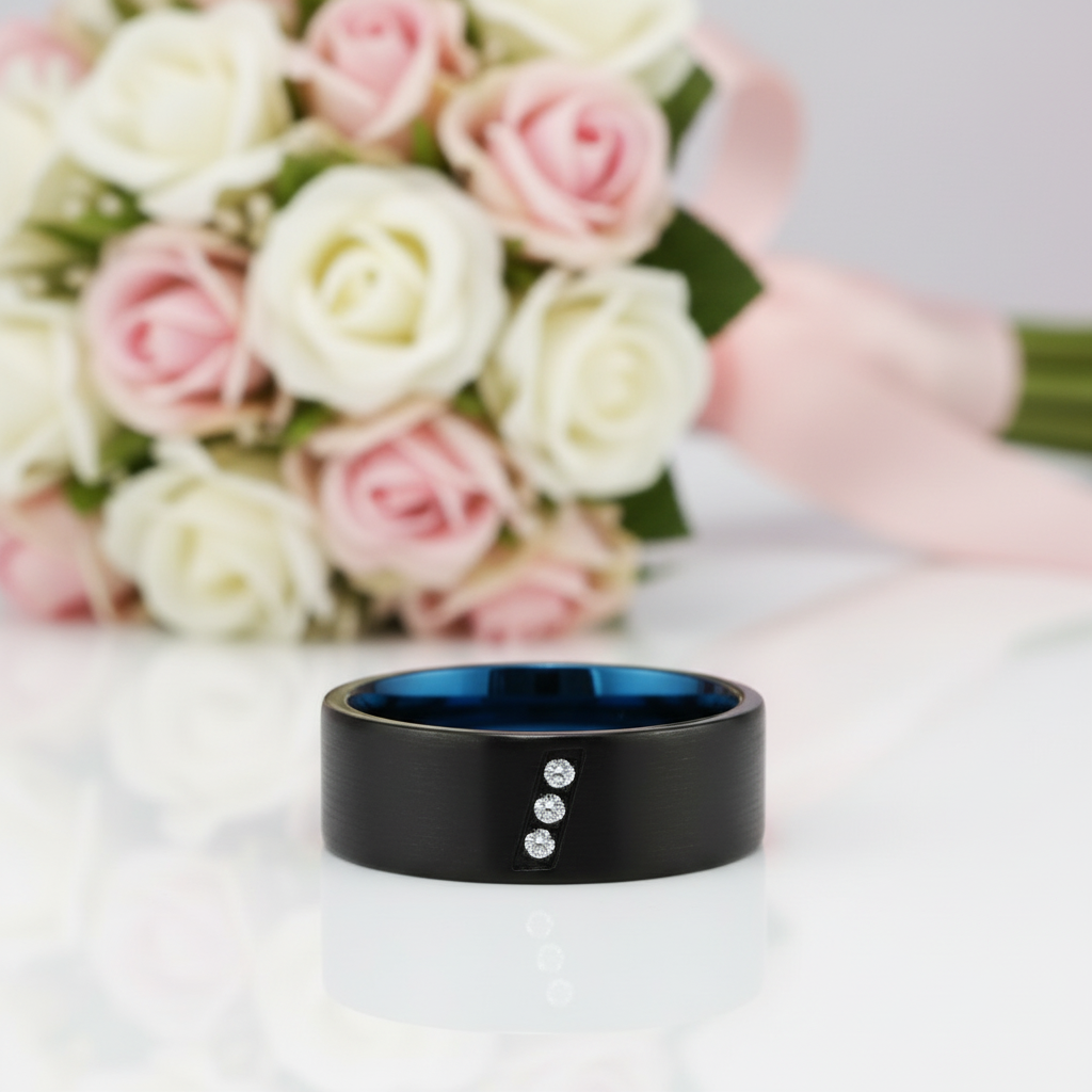 Diagonal Diamond Brushed Men's Tungsten Wedding Band-Black Diamonds New York