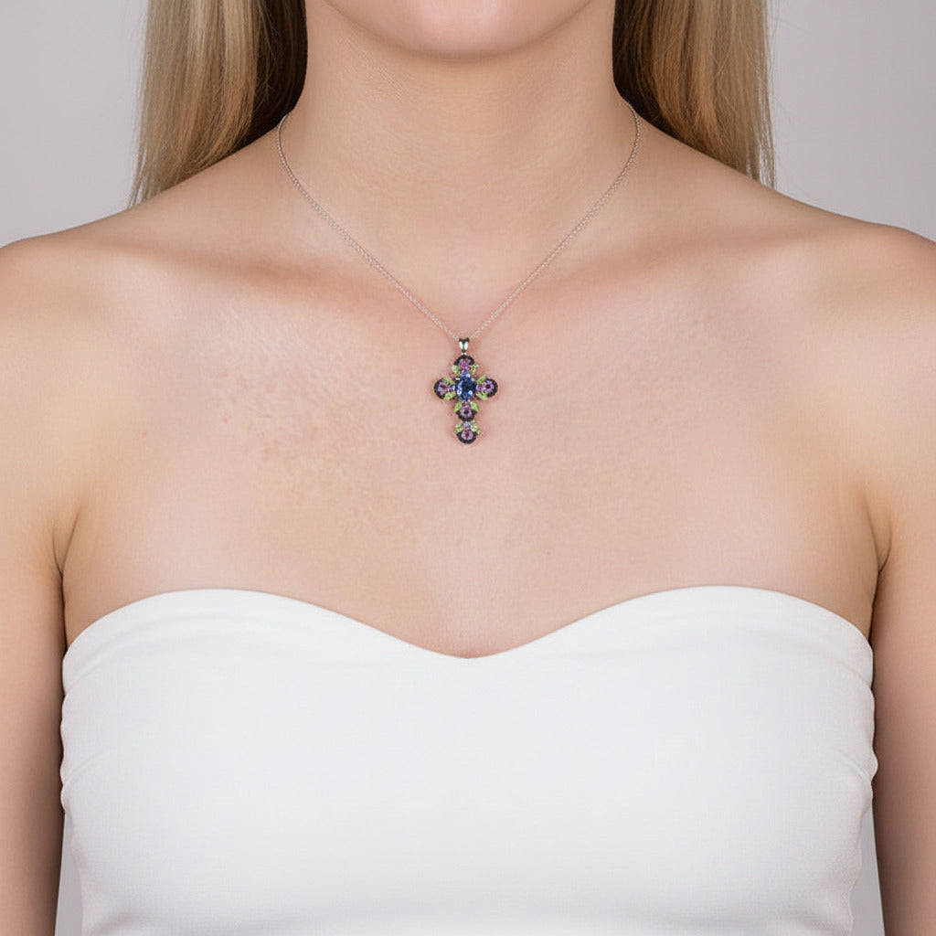 Vintage Oval-cut London Blue Topaz Cross Necklace-Black Diamonds New York