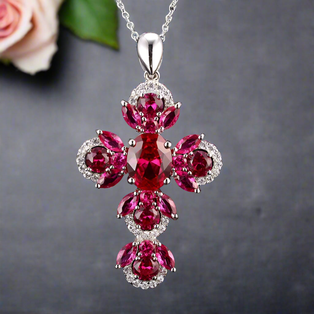 Vintage Oval-cut Natural London Blue Topaz Cross Necklace-Black Diamonds New York