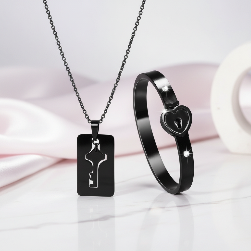 Lock and Key Necklace and Bracelet For Couples-Black Diamonds New York