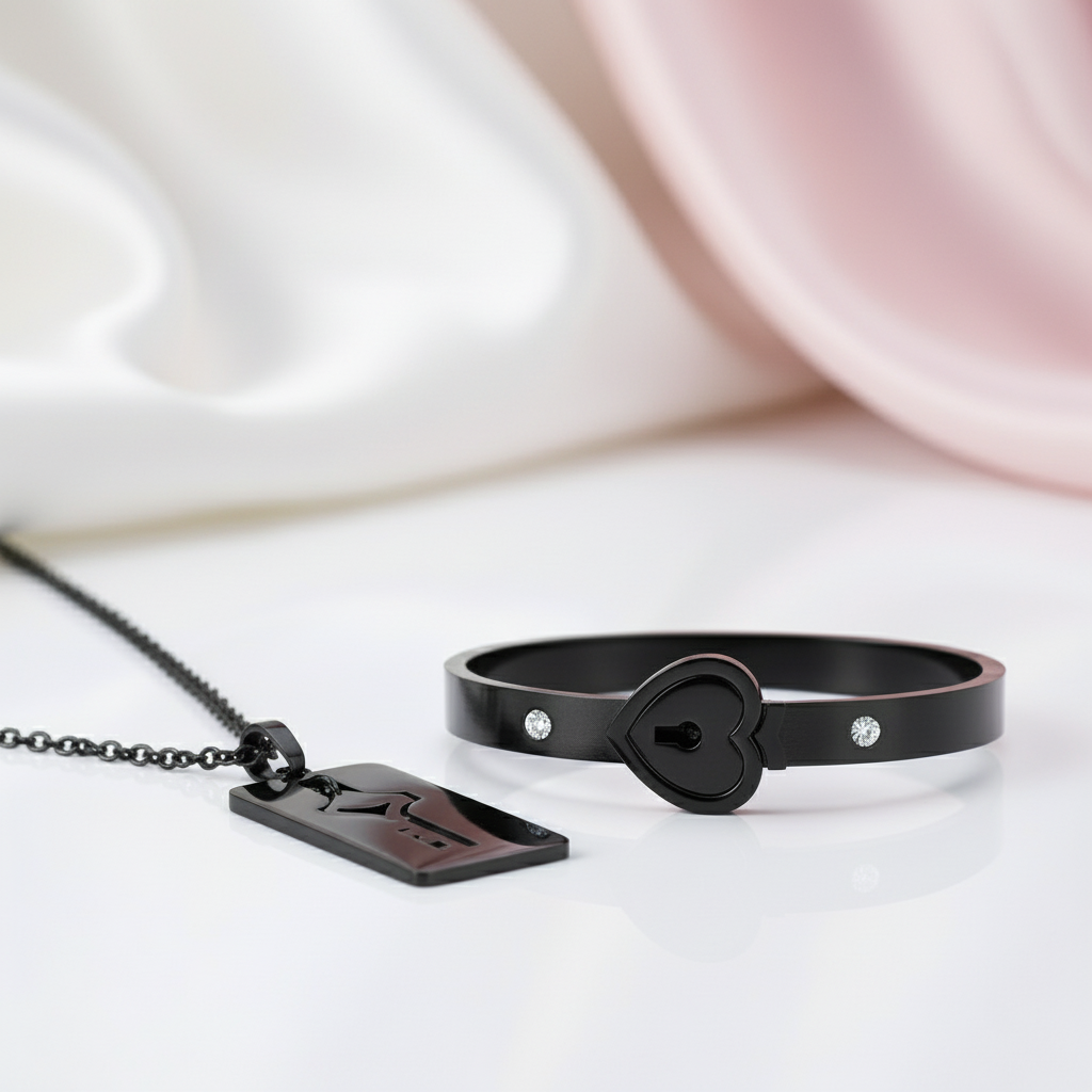 Lock and Key Necklace and Bracelet For Couples-Black Diamonds New York