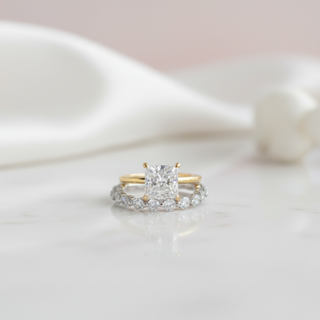 Stunning Yellow Gold 2.5 Carat Princess Cut Bridal Ring Set-Black Diamonds New York