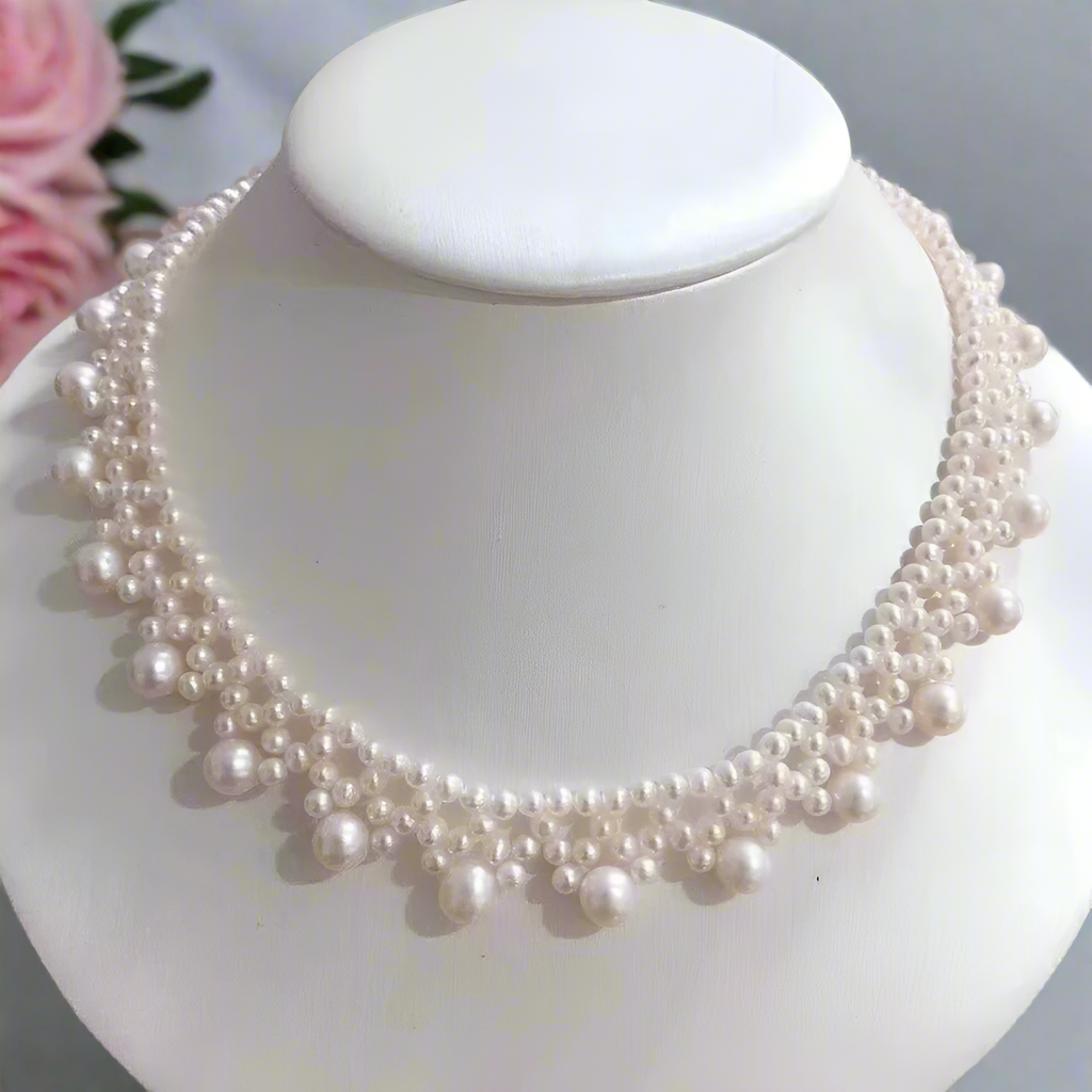 Multi-Row White Freshwater Pearl Necklace-Black Diamonds New York