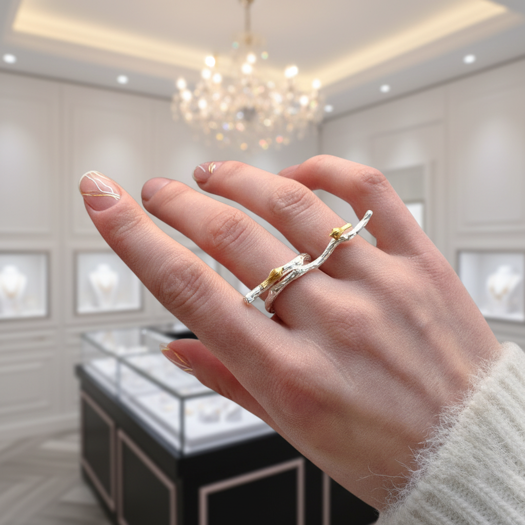 Bird on Branch Adjustable Ring-Black Diamonds New York