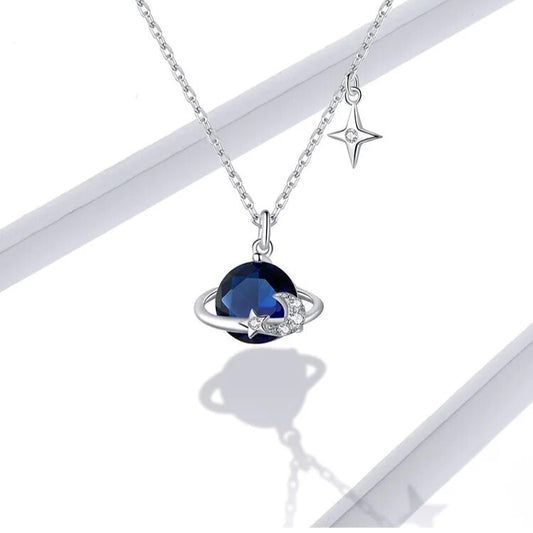 Saturn and Star Pendant with Created Diamond Necklace-Black Diamonds New York