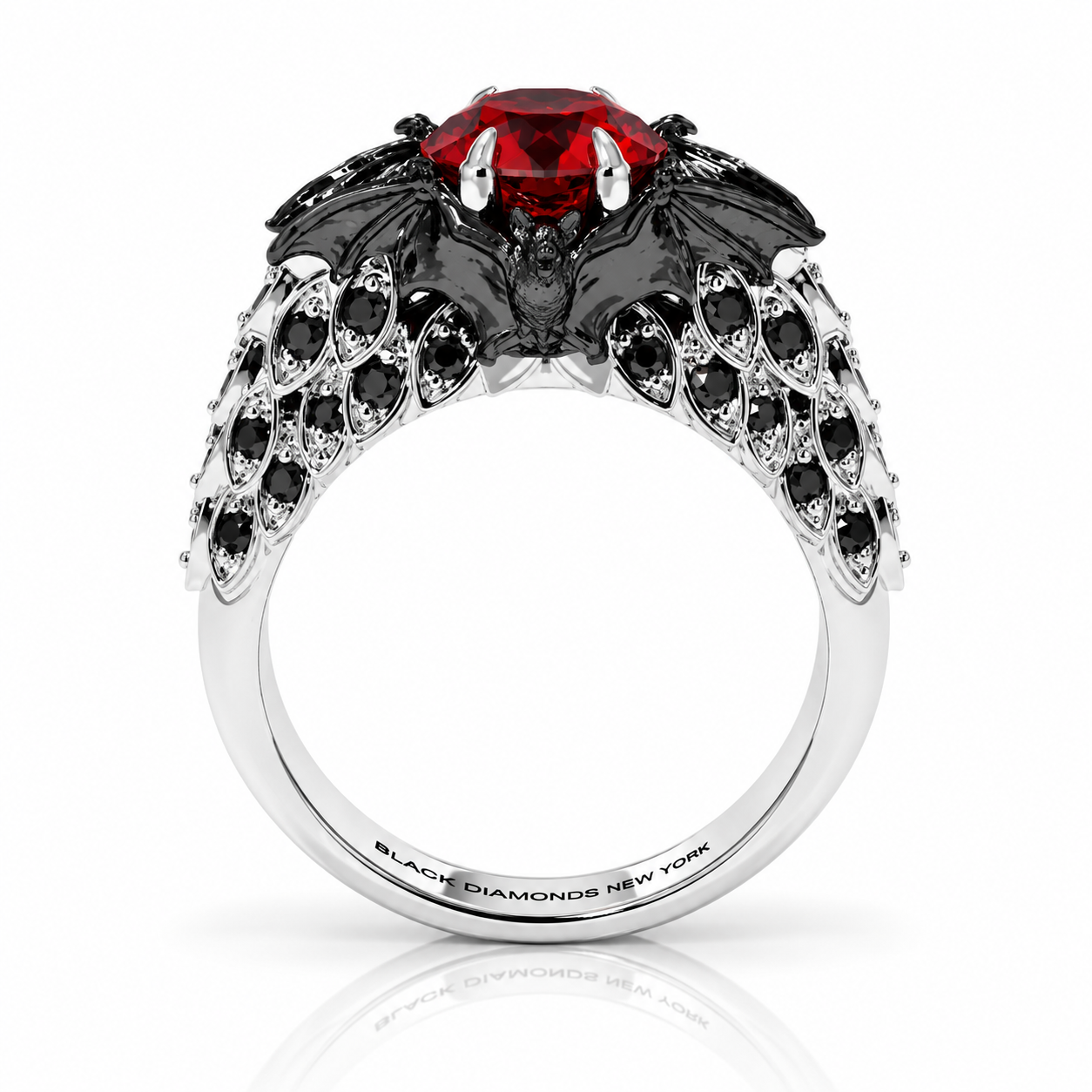Bat's Kiss Promise Ring- 1.5 Ct Round and Coffin Cut Diamond Option Gothic Ring-Black Diamonds New York