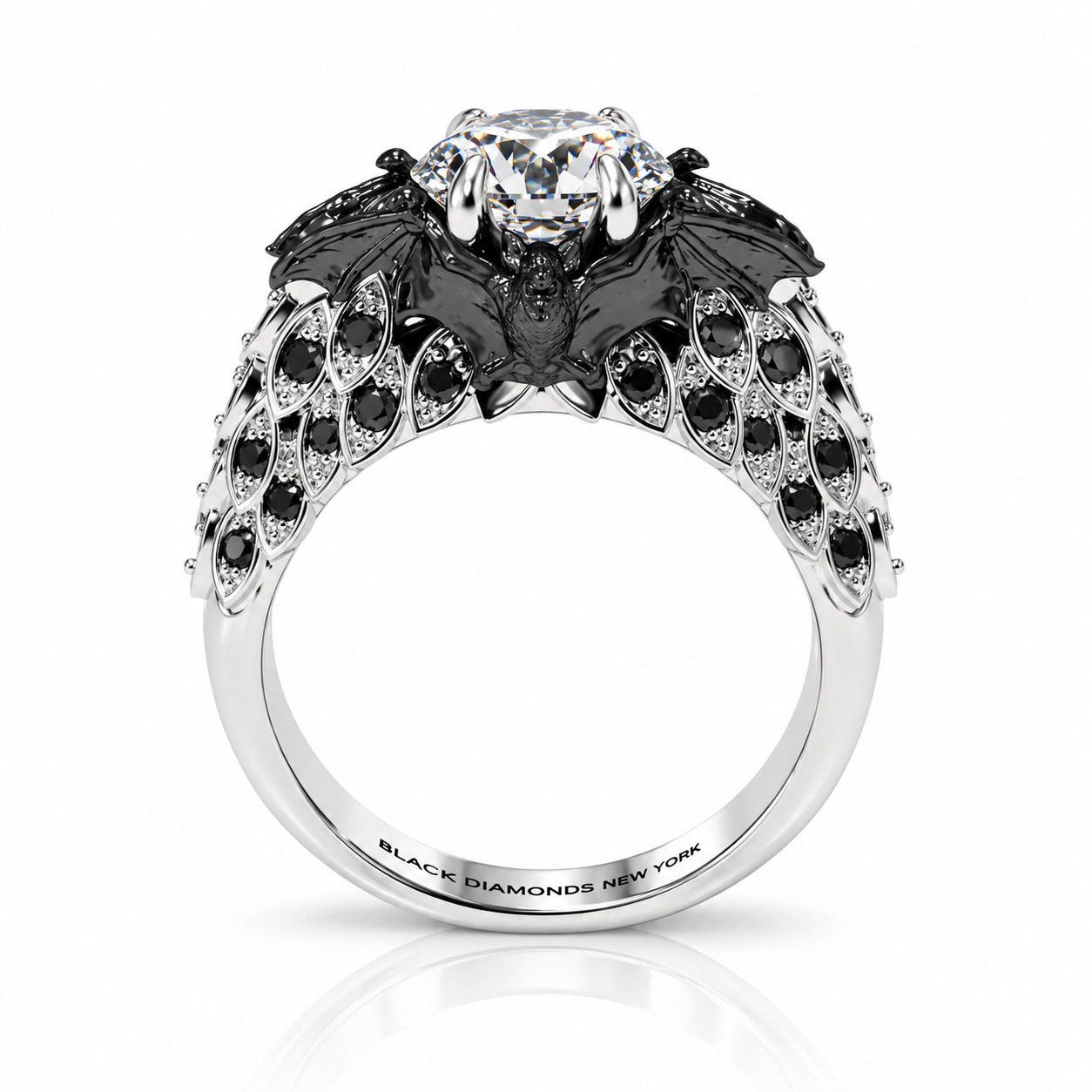 Bat's Kiss Promise Ring- 1.5 Ct Round and Coffin Cut Diamond Option Gothic Ring-Black Diamonds New York