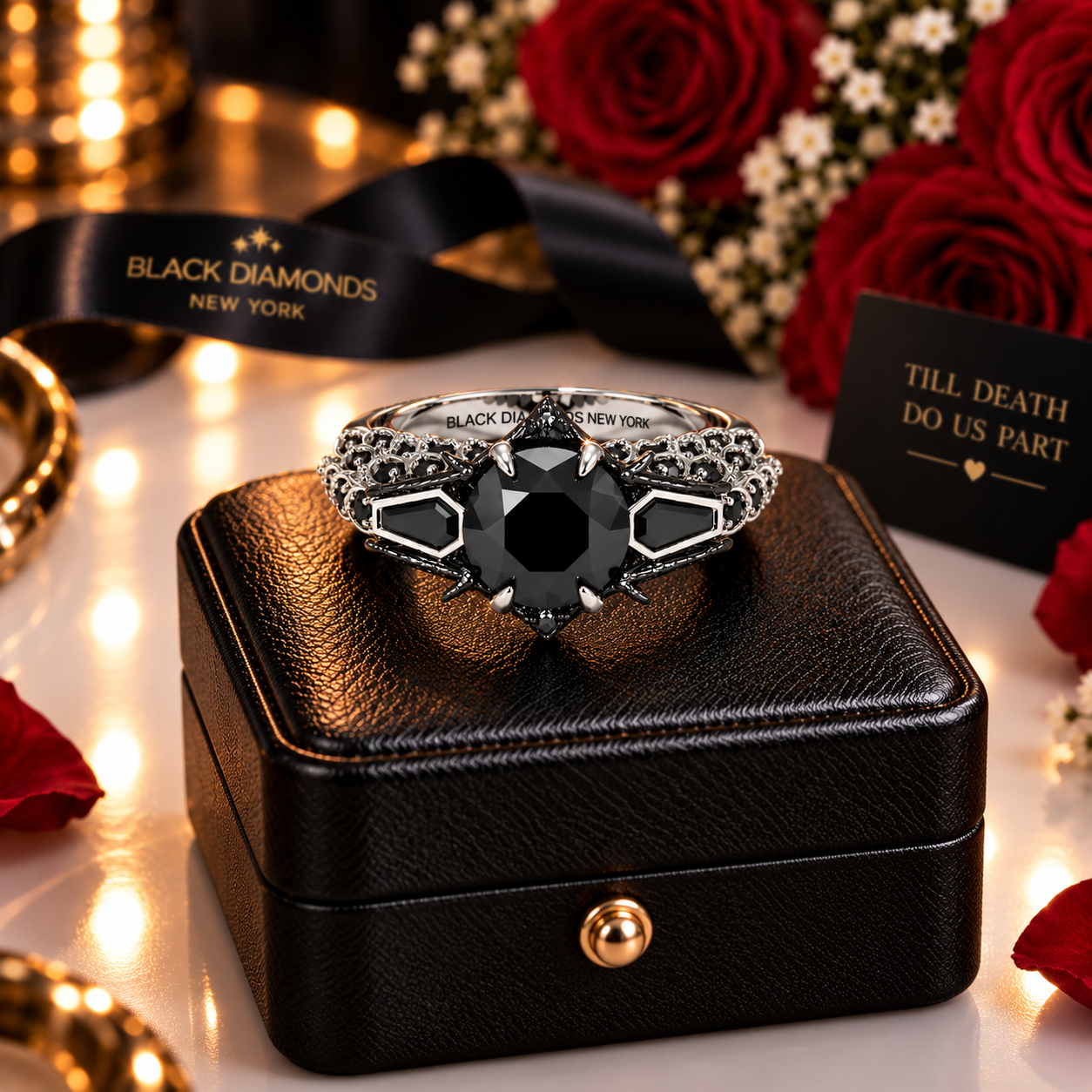 Bat's Kiss Promise Ring- 1.5 Ct Round and Coffin Cut Diamond Option Gothic Ring-Black Diamonds New York