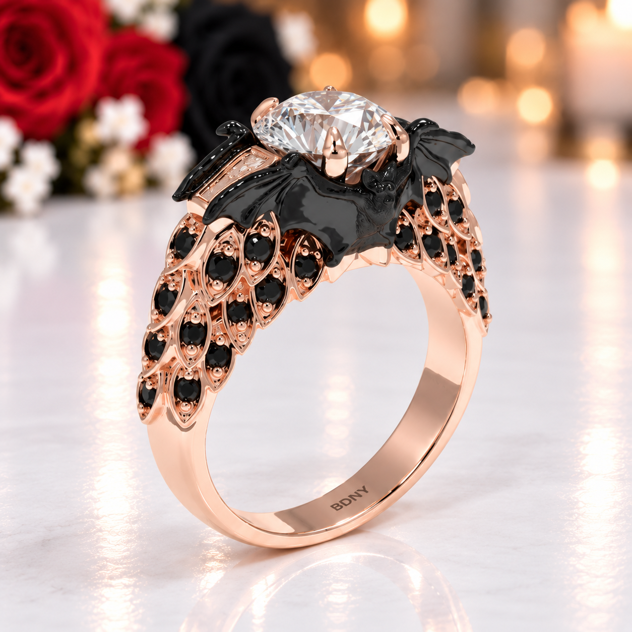 Bat's Kiss Promise Ring- 1.5 Ct Round and Coffin Cut Diamond Option Gothic Ring-Black Diamonds New York