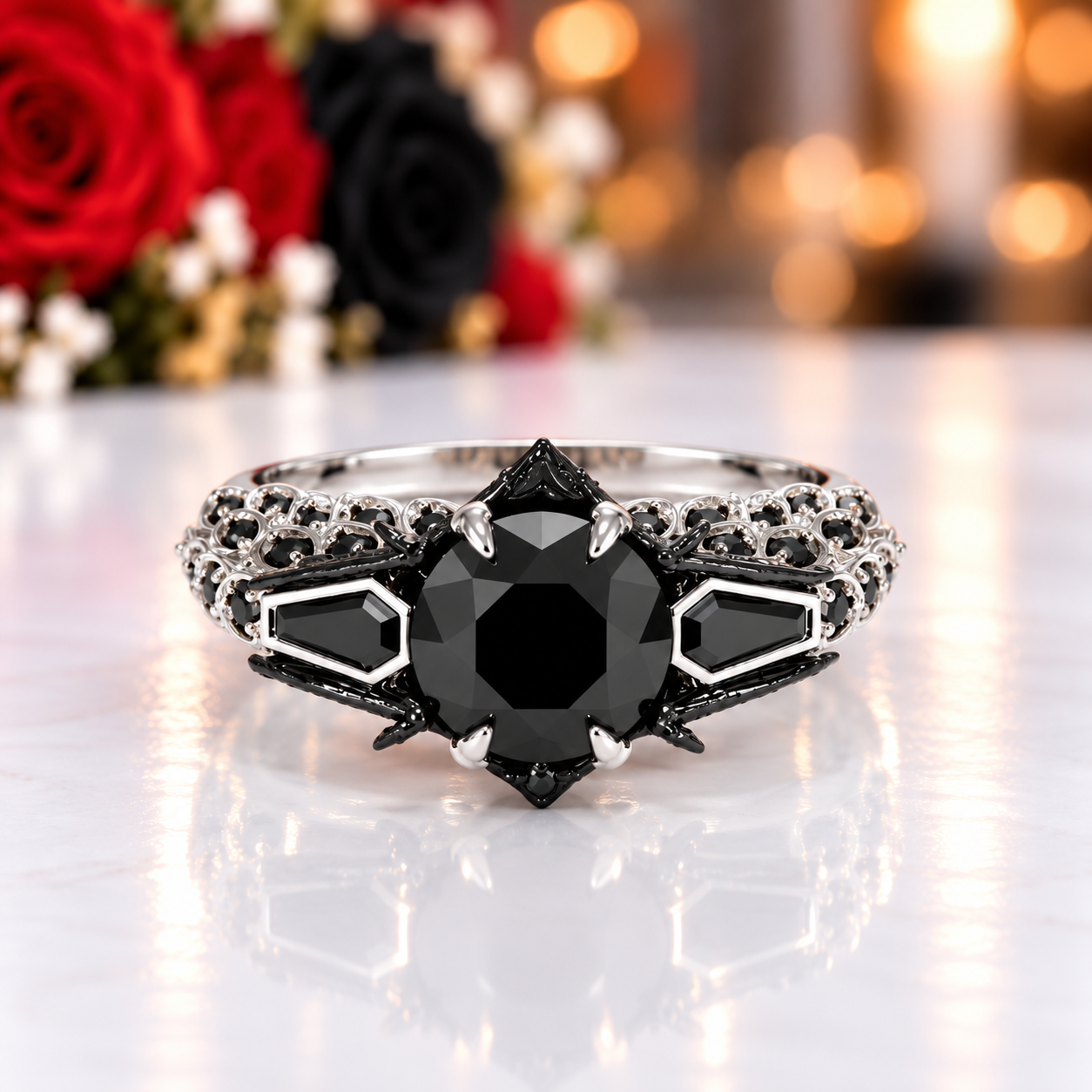 Bat's Kiss Promise Ring- 1.5 Ct Round and Coffin Cut Diamond Option Gothic Ring-Black Diamonds New York