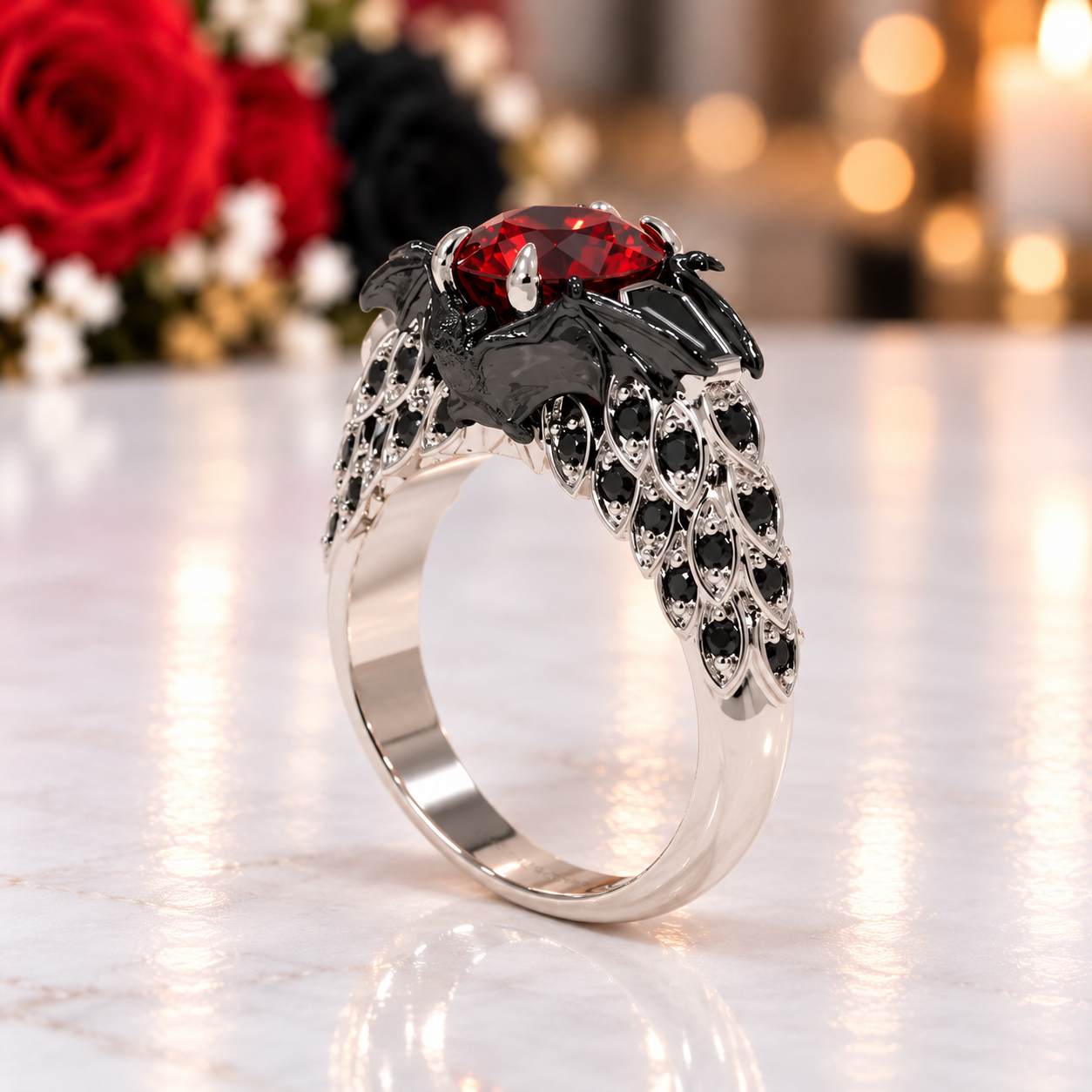 Bat's Kiss Promise Ring- 1.5 Ct Round and Coffin Cut Diamond Option Gothic Ring-Black Diamonds New York