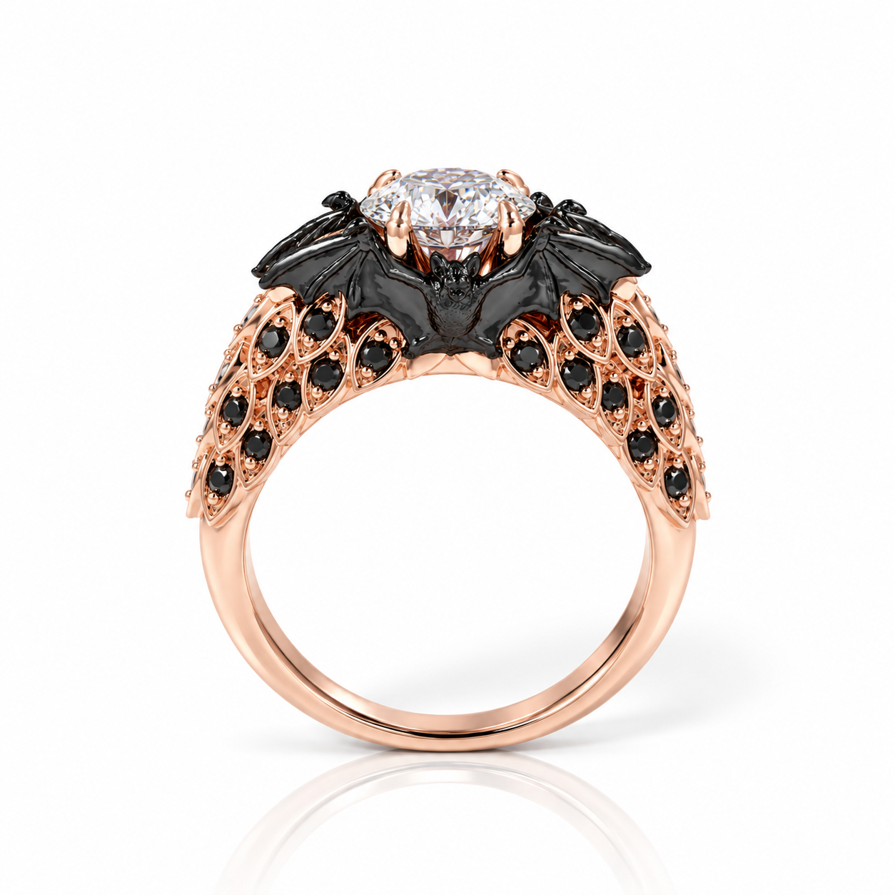 Bat's Kiss Promise Ring- 1.5 Ct Round and Coffin Cut Diamond Option Gothic Ring-Black Diamonds New York
