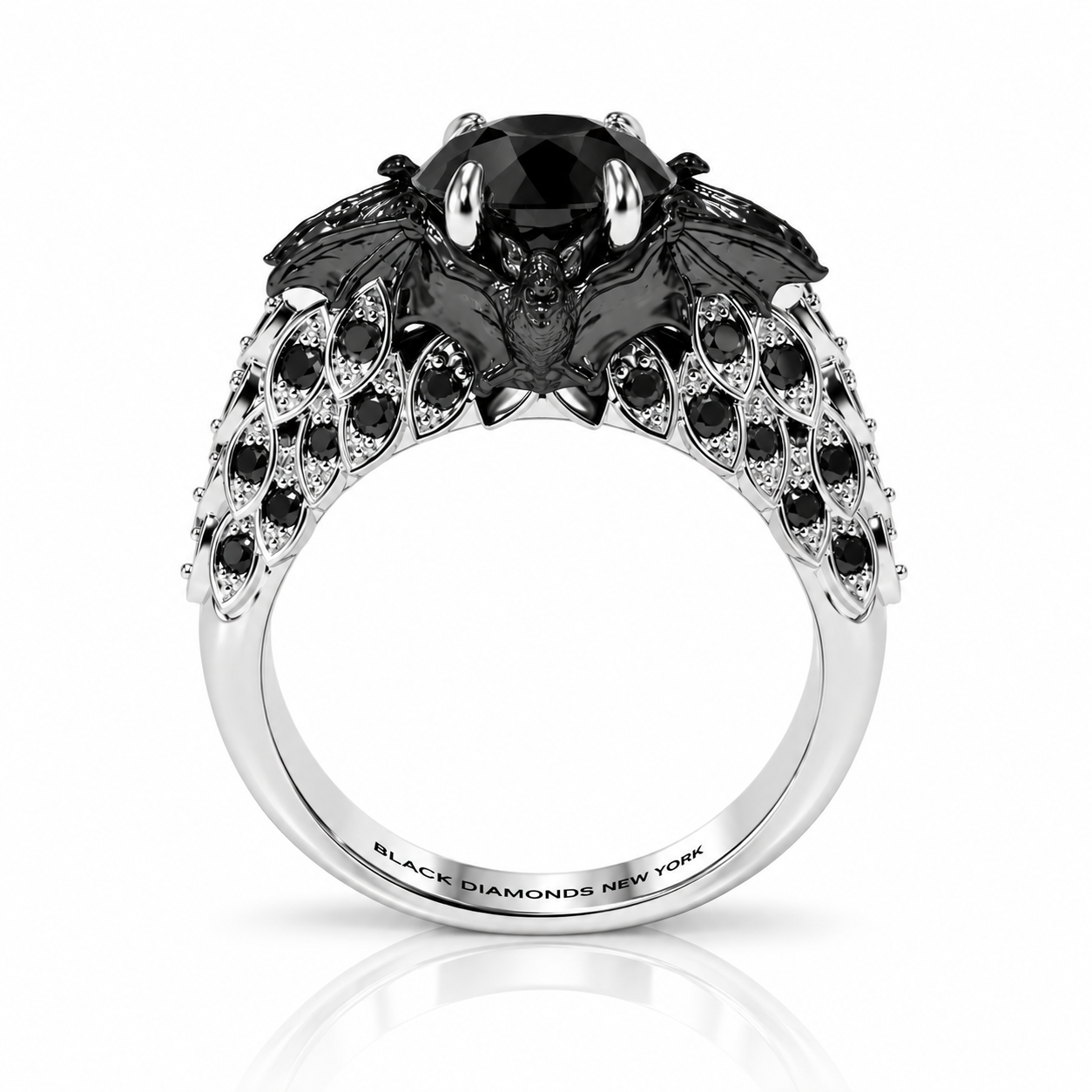 Bat's Kiss Promise Ring- 1.5 Ct Round and Coffin Cut Diamond Option Gothic Ring-Black Diamonds New York