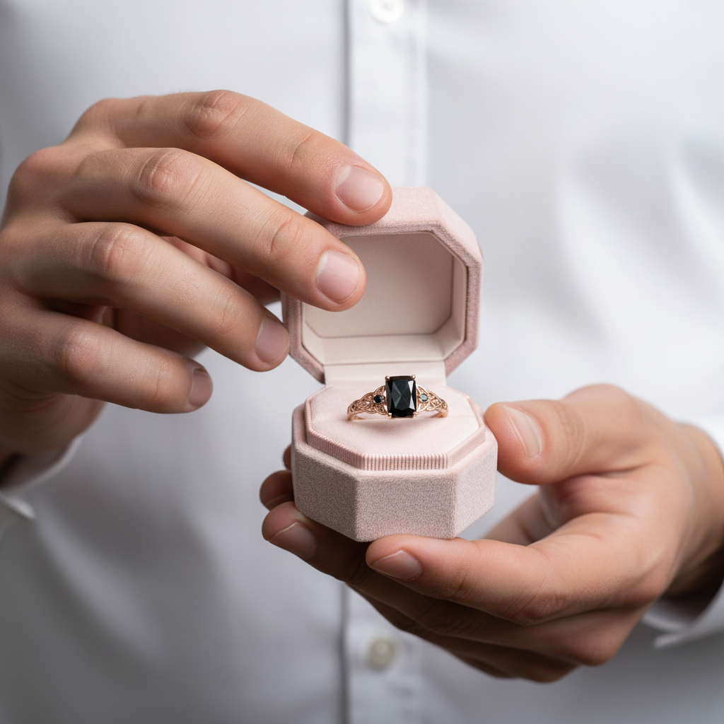 A close-up of a person's hands holding an open light pink ring box, displaying a rose gold ring with a rectangular black gemstone.