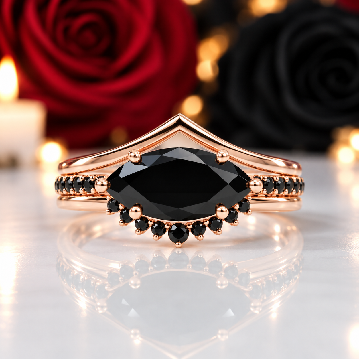 Beautiful In My Eyes- Black Diamond Option Marquise Cut 14K White Gold Gothic Wedding Ring-Black Diamonds New York
